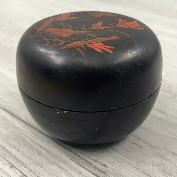 Vintage Small Round Wooden Japanese Style Covered Trinket Caddy Box - Picture 1 of 10
